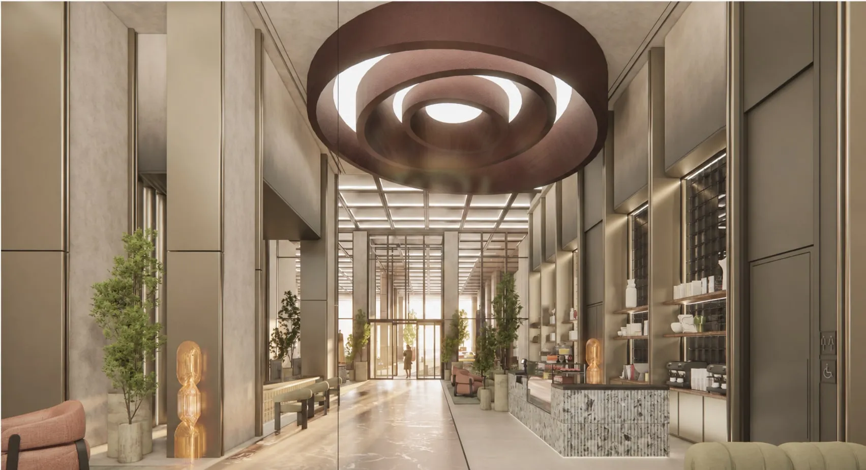 The Avani lobby: a tall stone hall under a sculpted ring-shaped ceiling, with a café counter and planting.