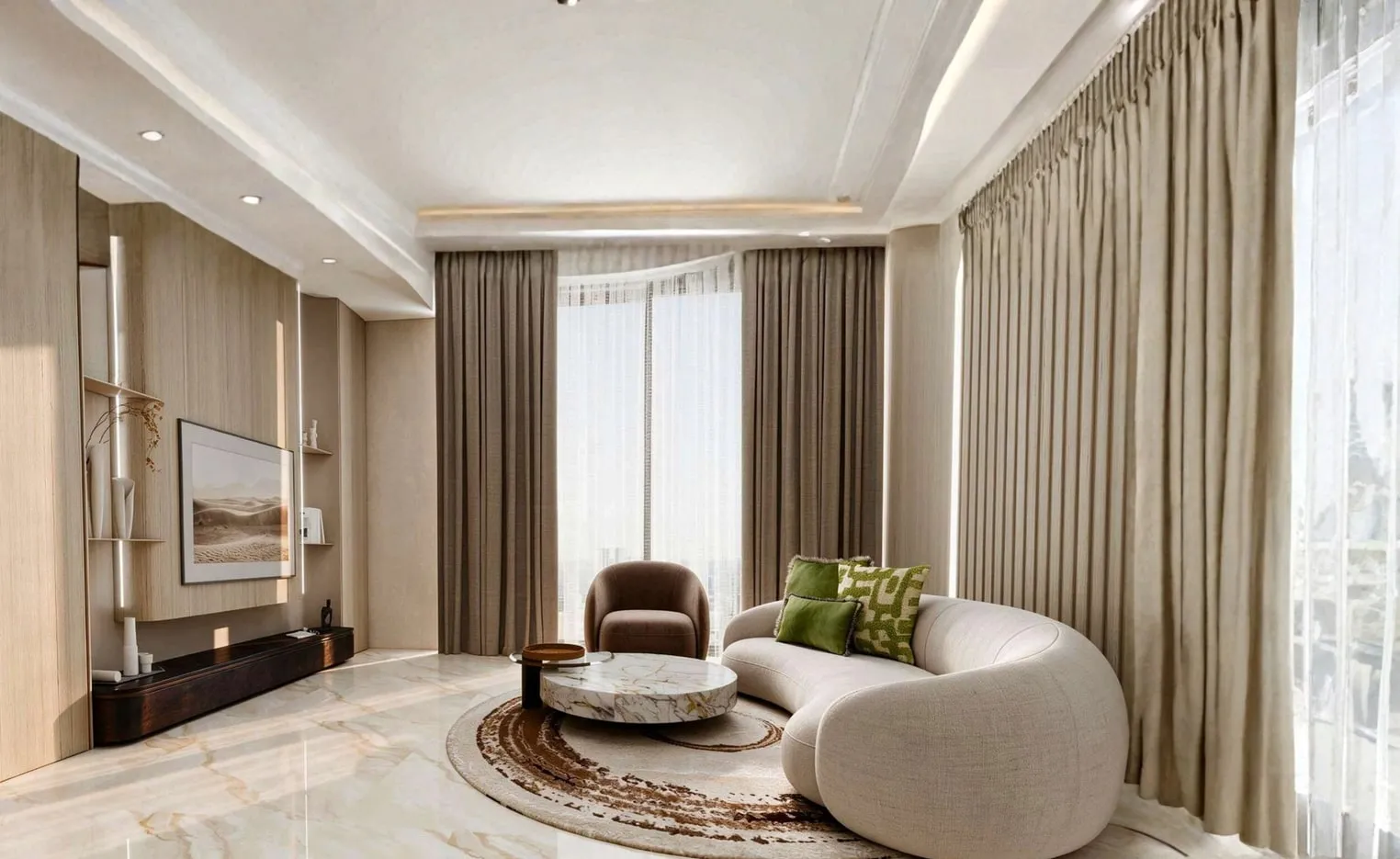 A Wyndham residence living room with a curved cream sofa, marble floor, round coffee table and tall curtained windows.