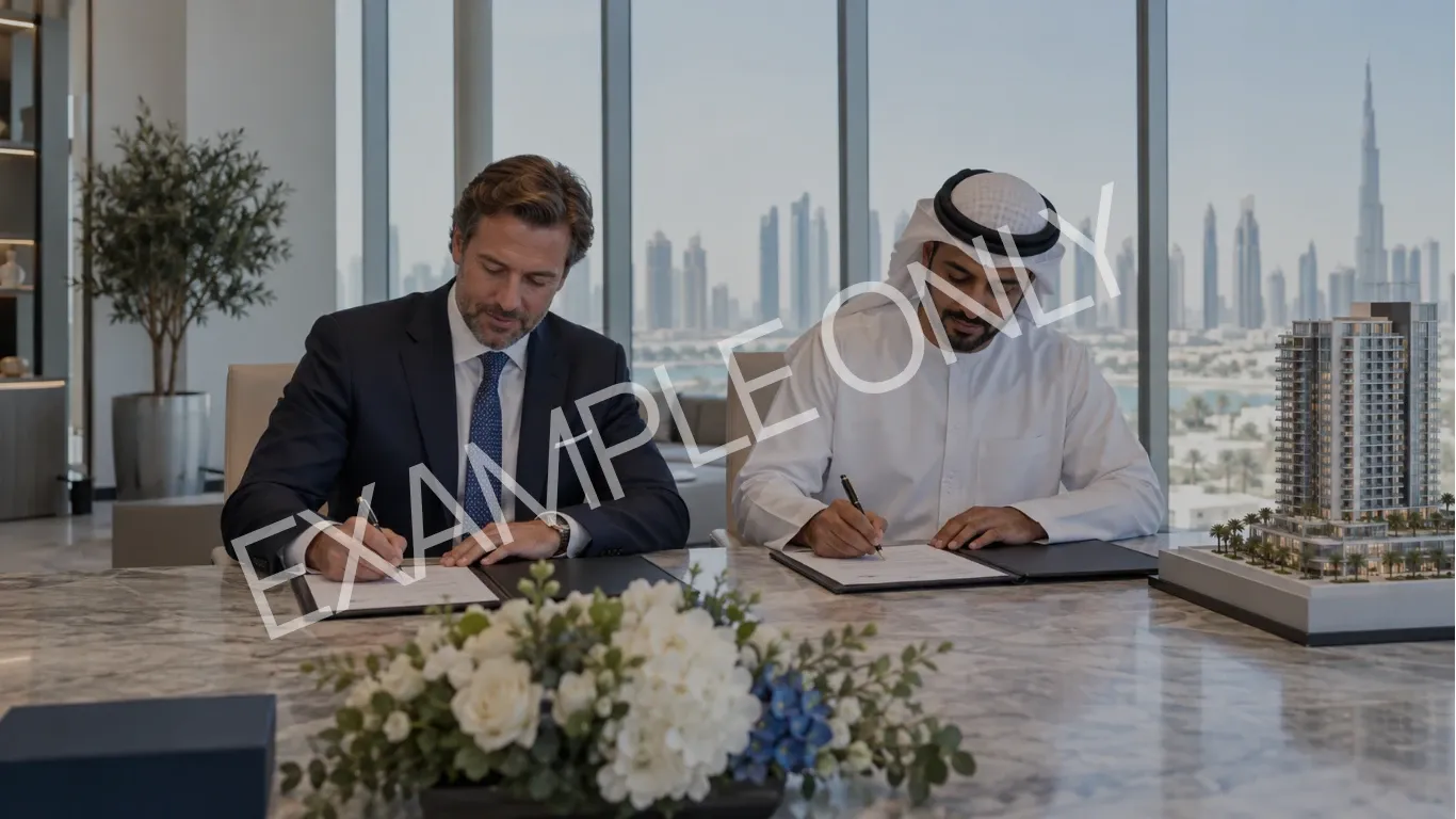 Two men signing documents at a marble table, with a model of the Wyndham Residences tower and the Dubai skyline behind them.